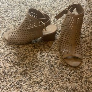 Tan short Heels with covered foot and exposed toe